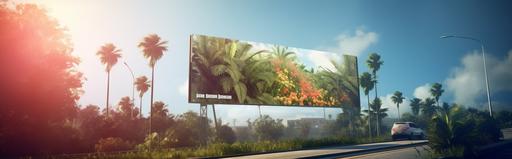 rectangular billboard on a highway in a city. photorealistic. sunny. south florida. --ar 1920:600