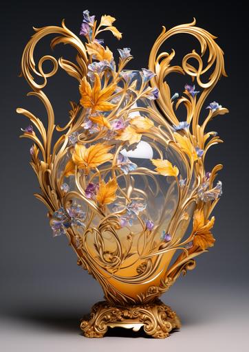 flamboyant gold porcelain wreath vase and flowers with a wand decoration, in the style of 1860–1969, colorful moebius, detailed and intricate pen and ink work, made of crystals, suspended/hanging, highly detailed realism, delicate paper cutouts --ar 5:7