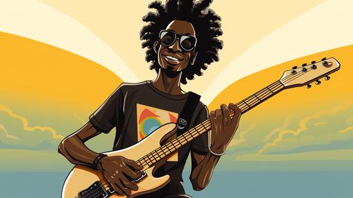 in the style of a cartoon a black man with short dred locks and a guitar and an ivory coast tshirt --ar 16:9