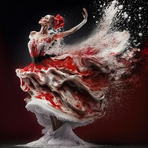 flamenco dancer, alluring eyes, beautiful face, liquid ice cream dress melting, milk dress, highspeed photography, splash splatter, perfect dancer, fluid motion, action, volumetric stage lighting --v 4