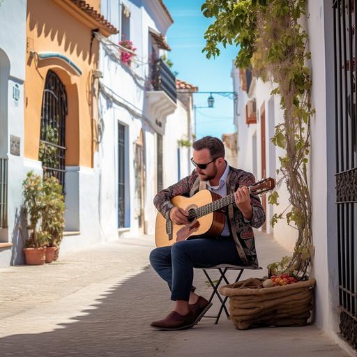 flamenco guitarist playing a spanish guitar in a Spanish town in the coast of andalucia