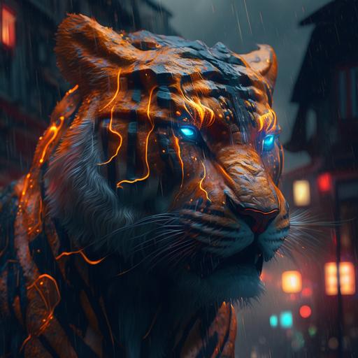 flaming tiger. Scary. Scary. 8k. Ultra realistic. In the city. Cyberpunk style. Neon lights. Rainy day