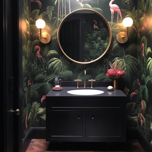 flamingo wallpaper, dark green wallpaper, modern powder room, cove lighting