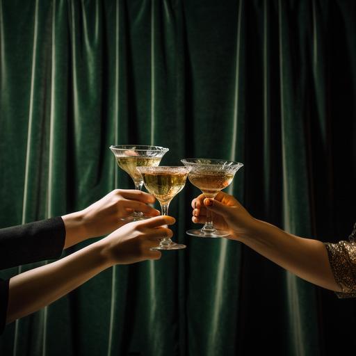 flash light and intense, dark green velvet curtain behind, tasting alcoholic drinks, different liquids and colors, 3 arms and hands holding each one a luxury and different glass, different heights, like this picture