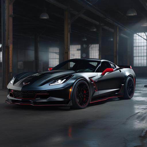 flat black c7 chevrolet corvette grand sport with red accents, matte black wheels, inside warehouse, side angle, hyper realistic, 4k