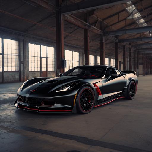 flat black c7 chevrolet corvette grand sport with red accents, matte black wheels, inside warehouse, side angle, hyper realistic, 4k