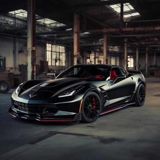 flat black c7 chevrolet corvette grand sport with red accents, matte black wheels, inside warehouse, side angle, hyper realistic, 4k