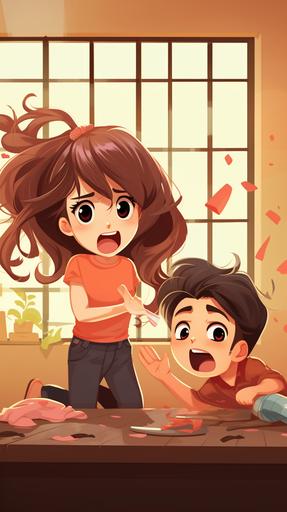 flat cartoon of brother sister funny moments, --ar 9:16