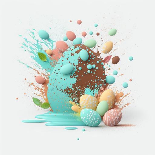 flat clean vector 3d, blue green orange gradient, simple minimal white background vibrant easter chocolate eggs candy color with many flowers on the end of splash sugar particles pastel color HD watercolor, 8k, detailed --v 4