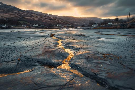 flat concrete with gold veins running through the rocks, gold deposits, ireland village in the distance, cinematic lighting, gold has a glow, --v 6.0 --ar 3:2