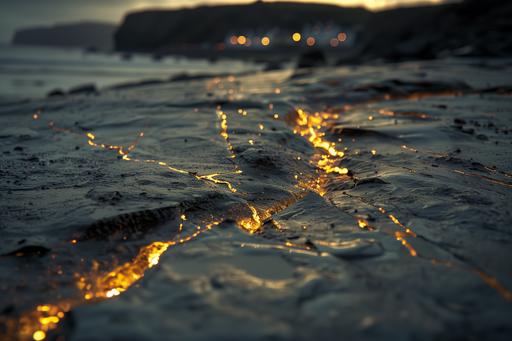 flat concrete with gold veins running through the rocks, gold deposits, ireland village in the distance, cinematic lighting, gold has a glow, --v 6.0 --ar 3:2