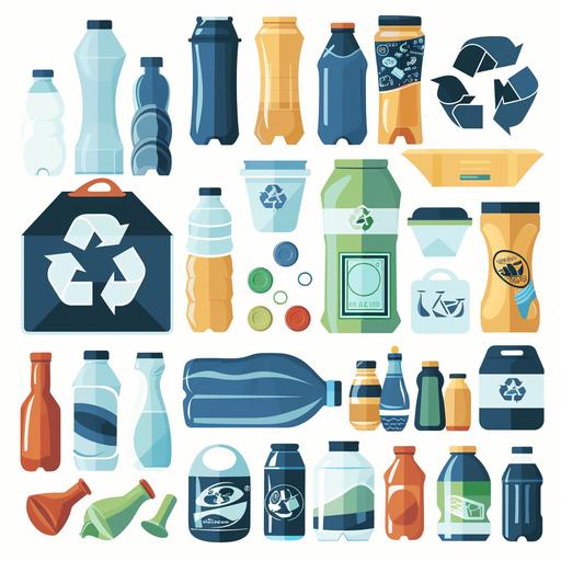 flat illustration in vector vivid: Recycling Symbol Myth: A graphic depiction of various products with the recycling symbol, including non-recyclable items, and a chart explaining recycling codes, white background with no shadow, all items should be blue or green tones