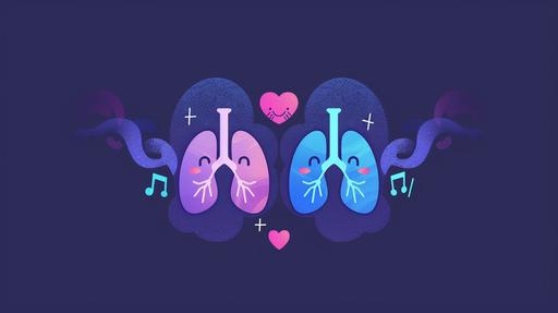 flat illustration of a pair of lungs, adorable character, being happy, sound waves, blue and purple colors, --ar 16:9