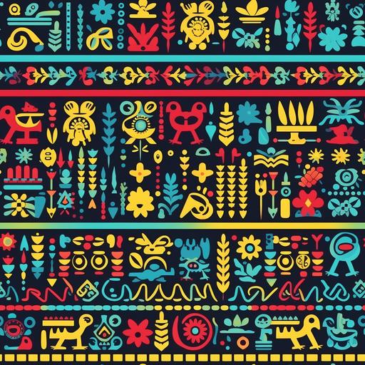 flat infinite simetric hispanic tribal print design, mexican stamp, perubian stamp, flat flowers, blue, green, red and yellow flowers and leafs, tropical animals, geometrical aztec and maya shapes --tile