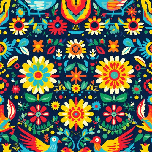 flat infinite simetric hispanic tribal print design, mexican stamp, perubian stamp, flat flowers, blue, green, red and yellow flowers and leafs, tropical animals, geometrical aztec and maya shapes --tile