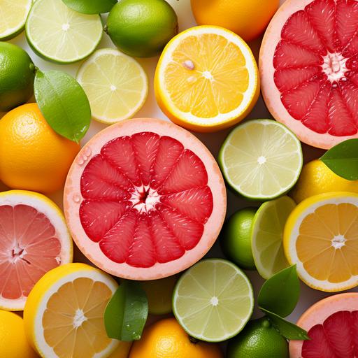flat lay, citrus fruits, green lime, yellow lemon, pink grapefruit, orange fruit, fresh juice
