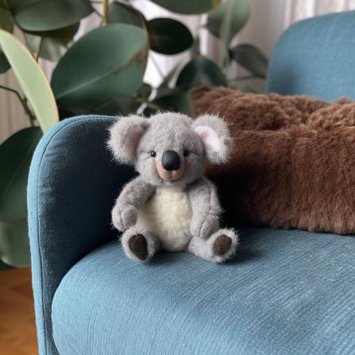 flat out teddy bear, flat koala teddy bear, sitting on sofa, small bear, flat teddy