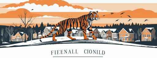 flat vector preppy vintage tiger logo with the new england town of Ridgefield Connecticut behind it. colors are orange black and white --ar 24:9