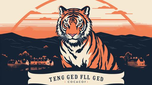 flat vector preppy vintage tiger logo with the new england town of Ridgefield Connecticut behind it. colors are orange black and white --ar 16:9