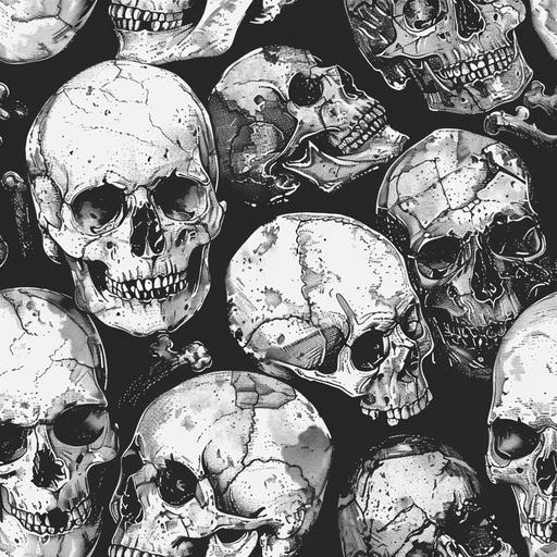 flat wall paper of skulls and bones small texture sketched black and white