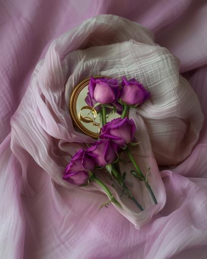 flatlay with mirror vintage details, corrugated fabric, gold rings and premium purple roses as protagonists ultra realistic, volumetric light, photo taken with a sony a7iv, --ar 4:5 --v 6.0 --s 750