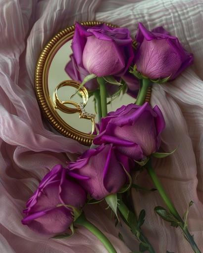 flatlay with mirror vintage details, corrugated fabric, gold rings and premium purple roses as protagonists ultra realistic, volumetric light, photo taken with a sony a7iv, --ar 4:5 --v 6.0 --s 750