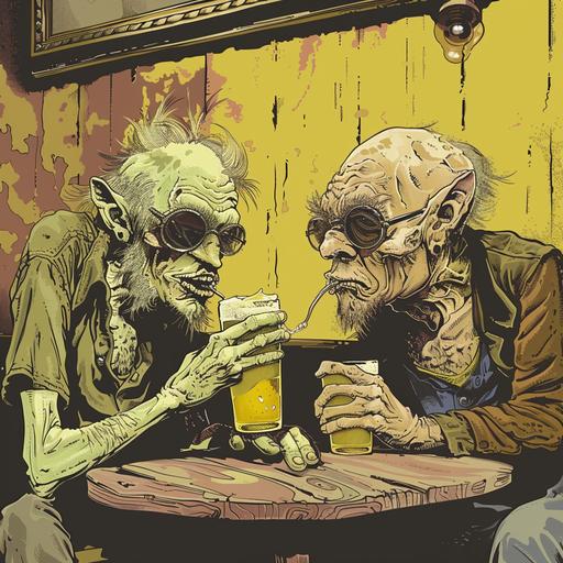 two guys looking like gollum sitting at a table drinking really yellow beer europunk cartoon style