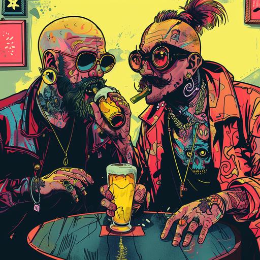 two guys looking like orchs sitting at a table drinking really yellow beer clownpunk cartoon style