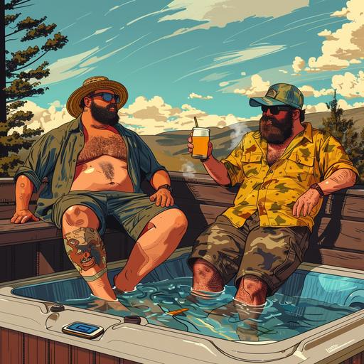 two guys looking like orchs sitting by a hot tub drinking really yellow beer manapunk cartoon style