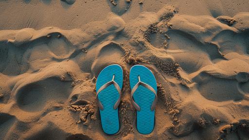 flip-flops on the sand, center of the frame --ar 16:9 --v 6.0