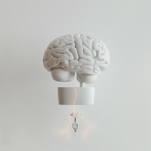 floating brain with the prong side of an electrical plug sticking out of the bottom of the brain, near the brain is a floating white ceramic androgynous head with the top of the head flipped open inside the head is a rubber outlet charged with electrical sparks of an electrical outlet where, minimalist style white background --v 6.0