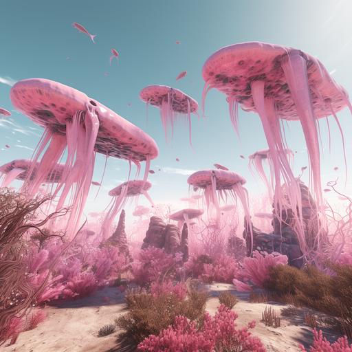 floating pink whales between gigantic cactuses in a desert, surreale, borderlands style