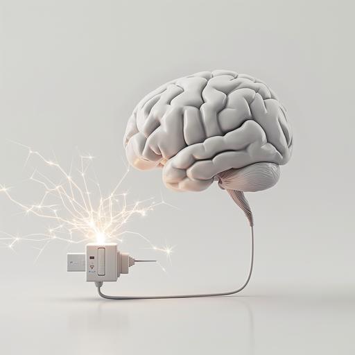 floating shiny human brain with a power cord extending from the bottom of the brain; a floating electrical outlet with sparks coming out of the port is next to the brain, minimalist, clean design, white background --v 6.0