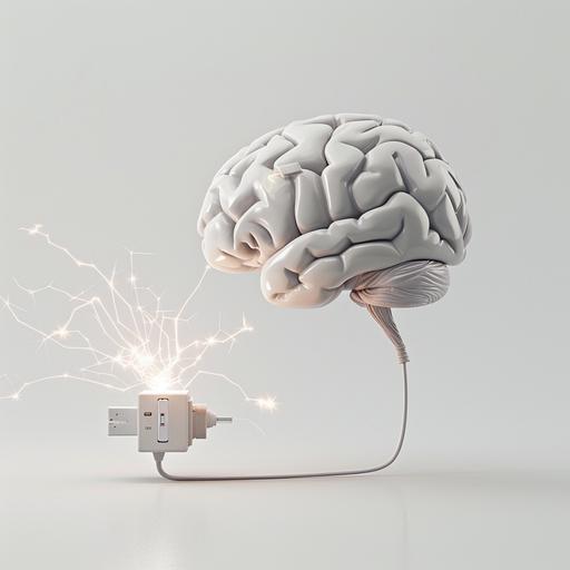 floating shiny human brain with a power cord extending from the bottom of the brain; a floating electrical outlet with sparks coming out of the port is next to the brain, minimalist, clean design, white background