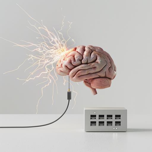 floating shiny human brain with a power cord extending from the bottom of the brain; a floating electrical outlet with sparks coming out of the port is next to the brain, minimalist, clean design, white background