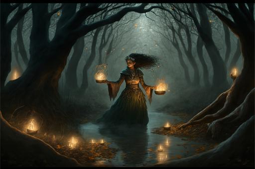 , floating witch performing candlight ritual in forest setting, spooky trees, halloween, candlight glow, --v 4 --ar 3:2