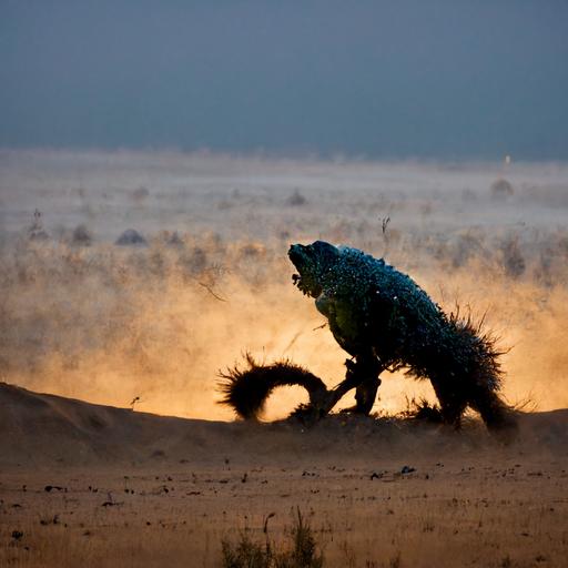 flok of chameleons hunting giant racoon in Gobi desert at early morning time