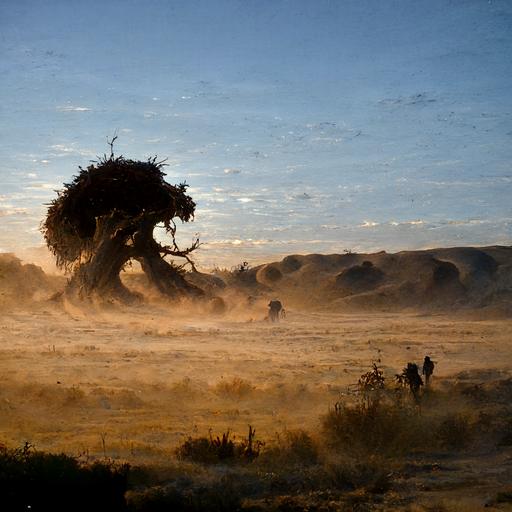 flok of chamelions hunting giant rocoon in Gobi desert at early morning time