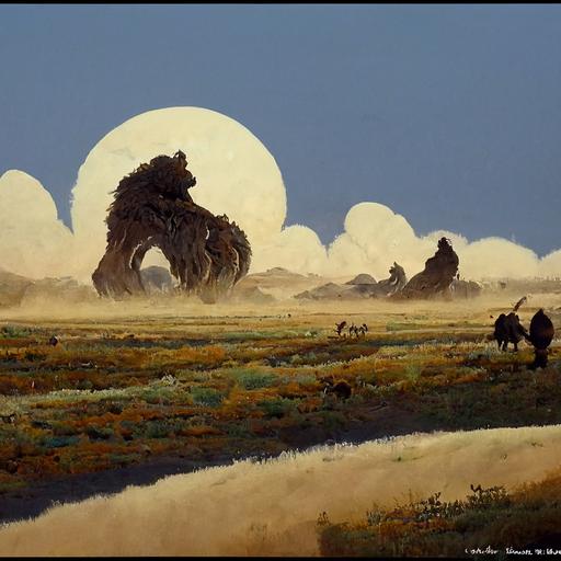 flok of chamelions hunting giant rocoon in Gobi desert at early morning time anime style