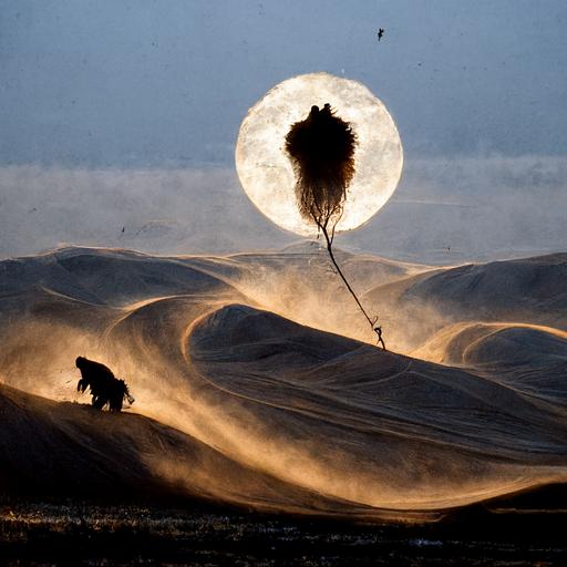 flok of chamelions hunting giant rocoon in Gobi desert at early morning time