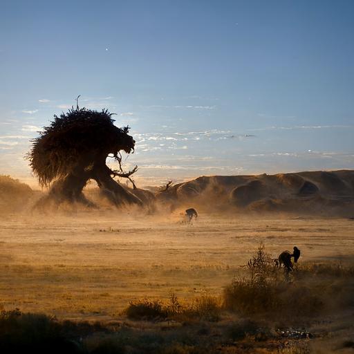 flok of chamelions hunting giant rocoon in Gobi desert at early morning time