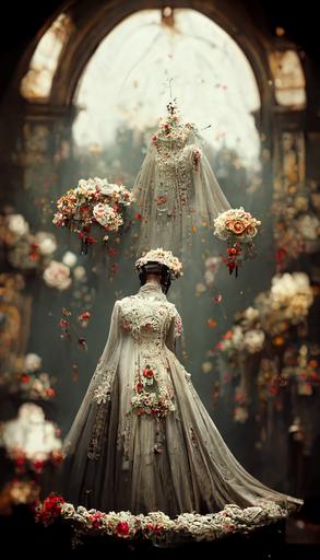 floral Victorian wedding dress :: highly detailed, dramatic composition, central composition, stunning, gorgeous, 4k, octane render --no human --ar 9:16  --s 5000
