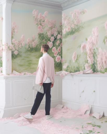 floral decoupage walls and floral chandelier inside a royal palace flower shop in paris by Alex Strohl, minimal male figure in suit tending to exotic flora --ar 4:5 --stylize 1000 --niji --style 2VgbGayqaqALI0piGmRWKGyabjuDusEgx4p04NPlyh-ijOcB7mGp2u224aqCVYw97Lz