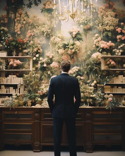 floral decoupage walls and floral chandelier inside a royal palace flower shop in paris by Alex Strohl, minimal male figure in suit tending to exotic flora --ar 4:5 --stylize 150 --v 5.2