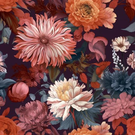 floral fabric print, faded navy ground, large dark magenta flowers, burnt orange crysanthemums, dusty pink roses, faded green foliage with smaller white flowers scattered throughout --tile