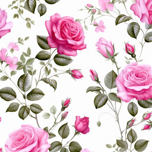 floral pattern , white background and pink roses --s 50