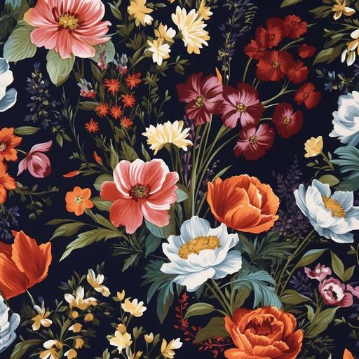 floral print for a fabric. Navy ground, magenta, burnt orange, and dusty rose colored flowers. faded green foliage only. Smaller white flowers with black centers. Must be a repeatable pattern that is more spread out.