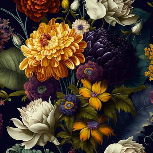 floral wallpaper print, rich hues, cool color scheme with small bursts of yellow and orange, hyacinth, hydrangea, daisy, dahlia, carnation, chrysanthemum, pansy, lily, gardenia, buttercup, orchid