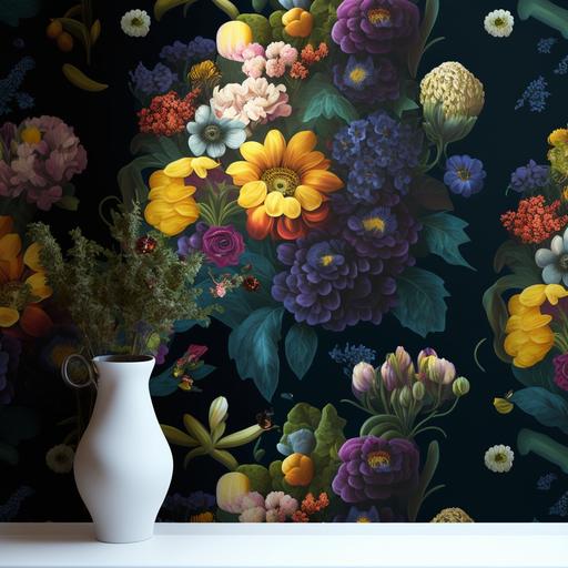 floral wallpaper print, rich hues, cool color scheme with small bursts of yellow and orange, hyacinth, hydrangea, daisy, dahlia, carnation, chrysanthemum, pansy, lily, gardenia, buttercup, orchid