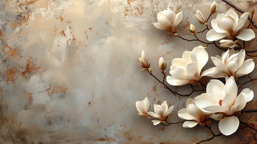floral white magnolia flower border, wallpaper on vintage brown background, --ar 16:9 --stylize 250 --v 6.0